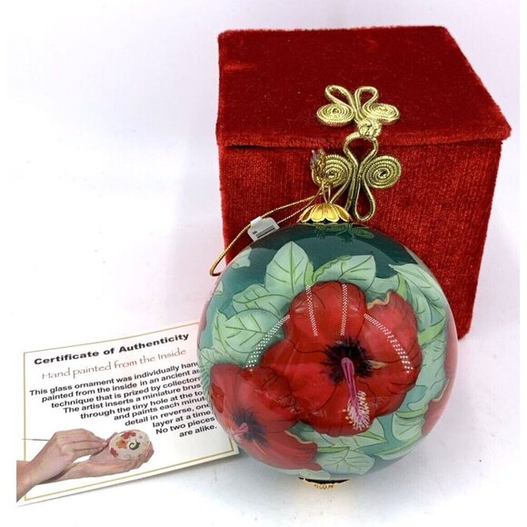 Kauai Christmas Ornament Aloha Hawaii Reverse Painted Floral Glass 3" - Picture 1 of 7